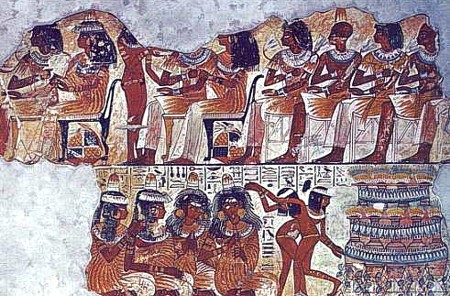 Пир. Фрагмент роспичси из гробницы вельможи Небамона. XVIII дин. Лондон, Британский музей Пир. Фрагмент роспичси из гробницы вельможи Небамона. XVIII дин. Лондон, Британский музей